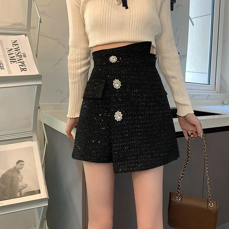 Mini Slim solide Vintage femmes pantalon irrégulier taille haute Tweed bouton court décontracté femmes a-ligne bureau Shorts