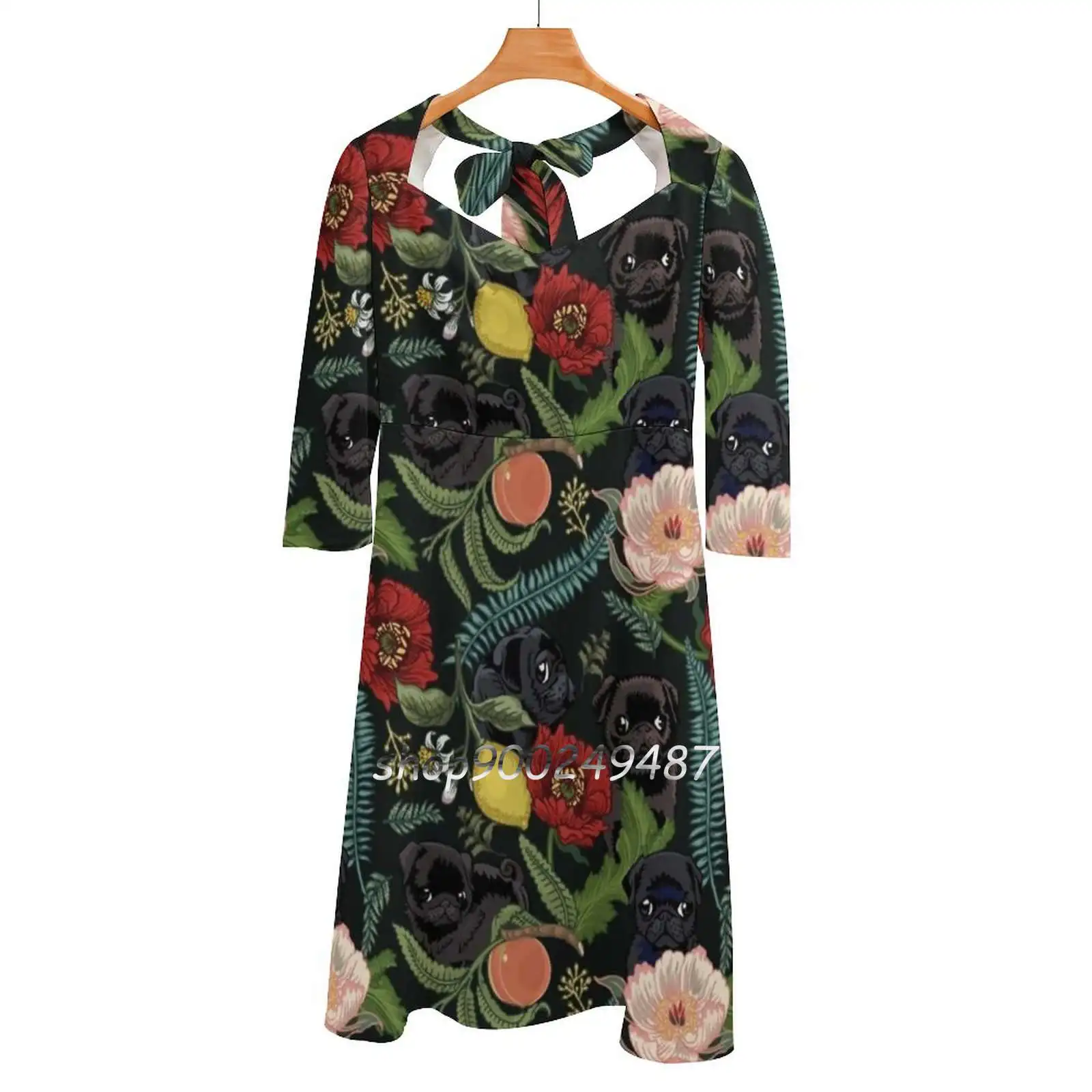 Botanical And Black Pugs Square Neck Dress Cute Loose Print Dresses Elegant Beach Party Dress Pug Botanicall Flower