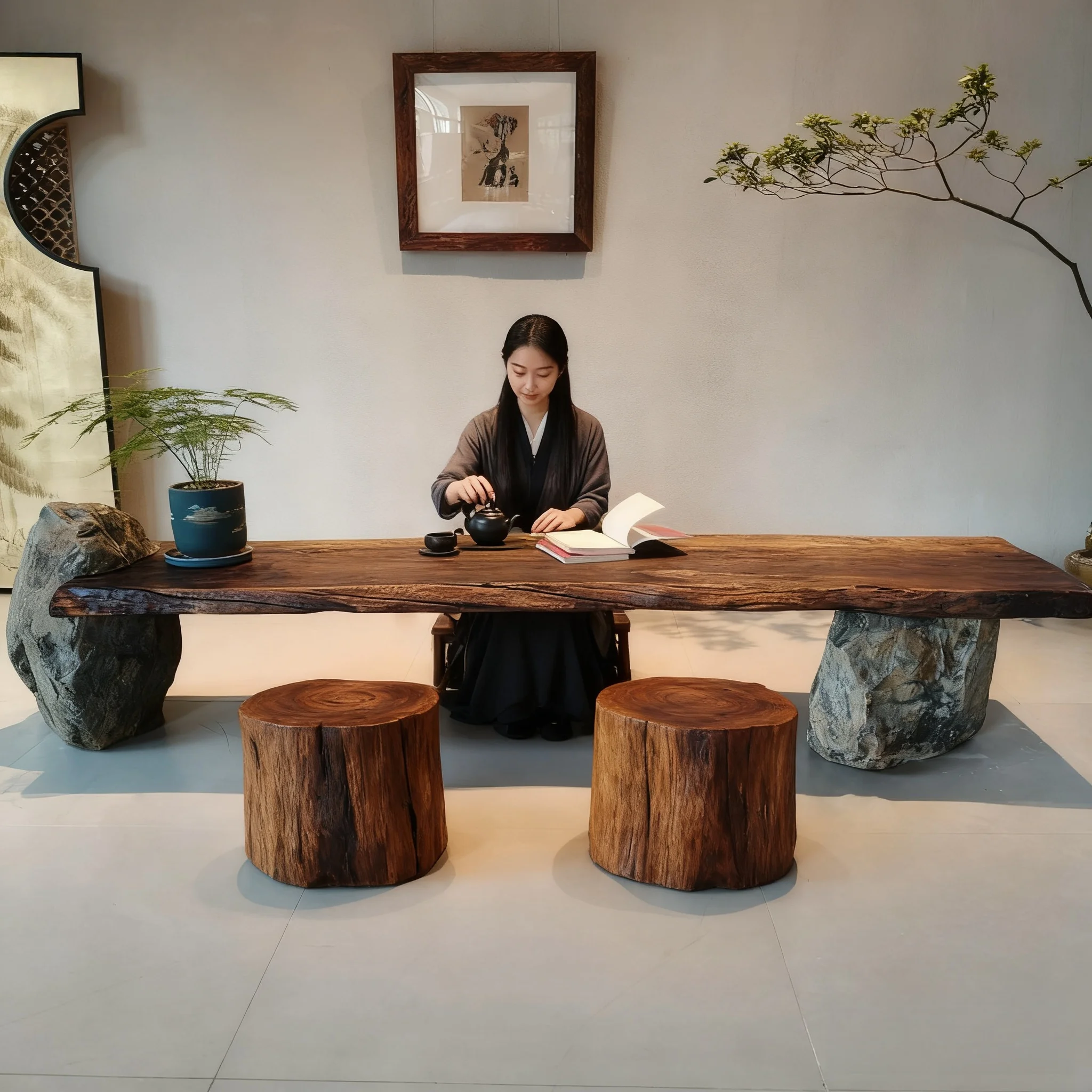Large board tea tea table weathered old wood homestay dining table designer stone  room