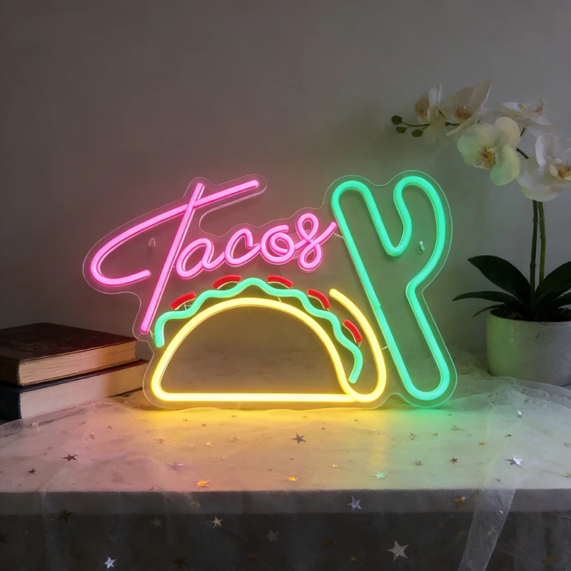 タコスとサボテンledネオンサイン-キッチン、バー、レストラン、家の装飾用-メキシコ料理テーマのギフト-パーティー-ウォールアート-照明器具