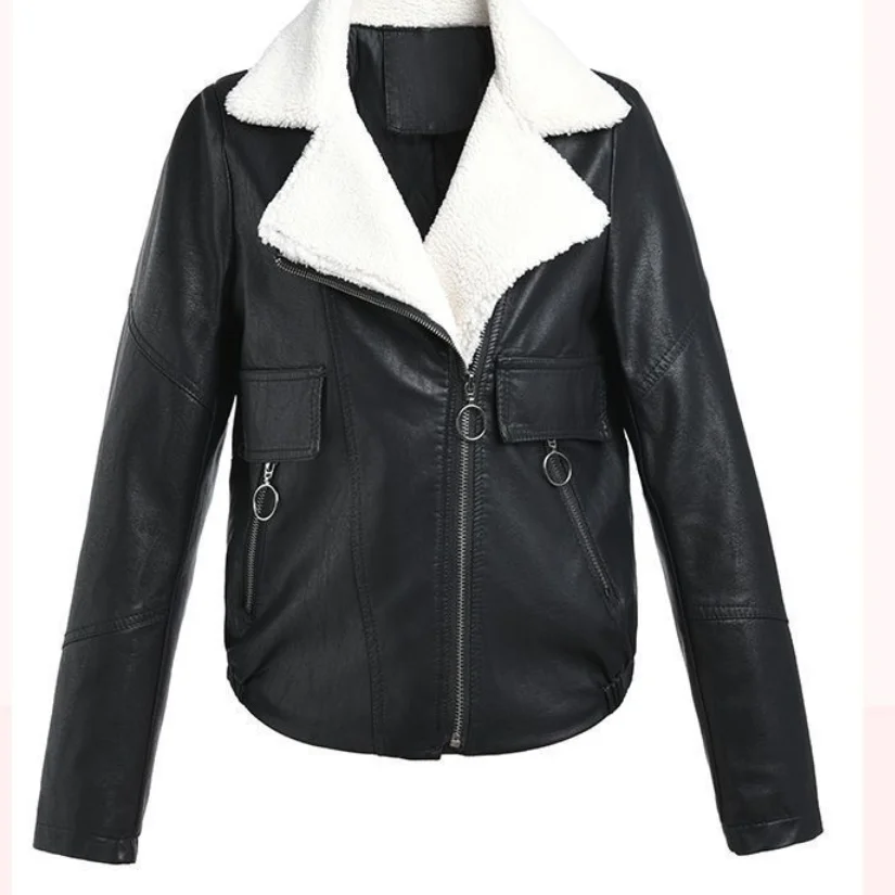 Veste courte en laine d'agneau pour femmes Veste en cuir PU, velours, chaud, version coréenne ample, doux, manches longues joker, poche hiver nouveau