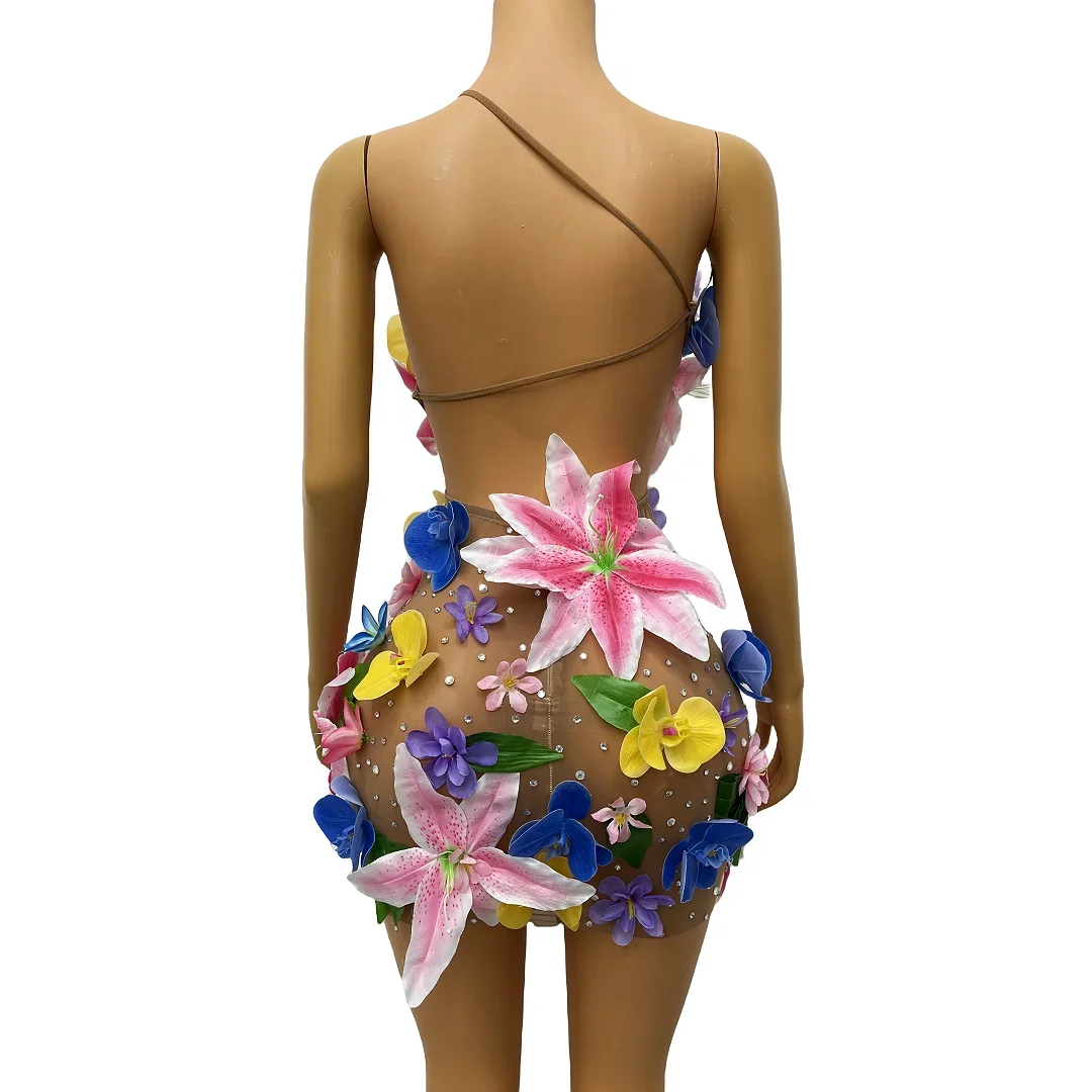 Sexy Backless Dancer Prom Performance Outfit Birthday Celebrate Sleeveless Costume Colorful Big Flower Rhinestones Dress