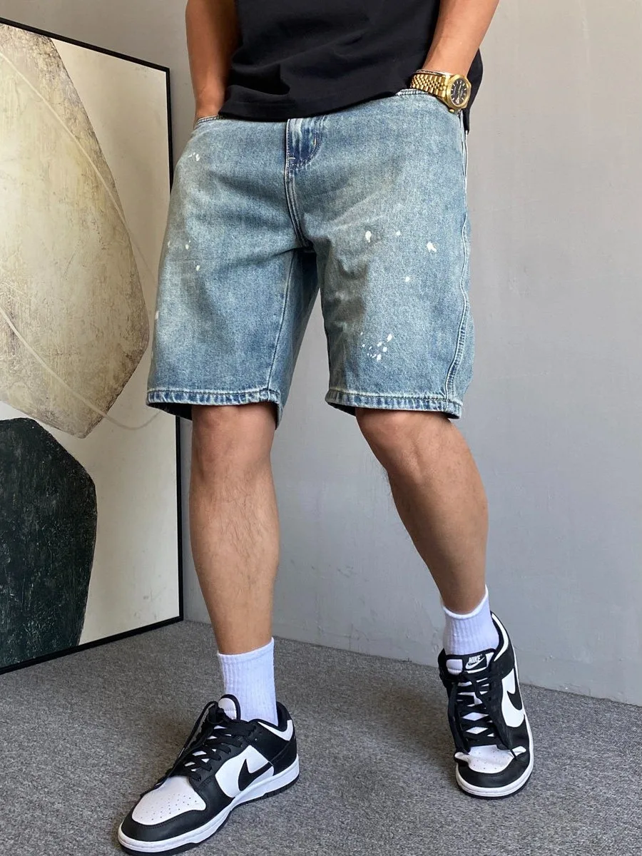 

Summer American Casual Washed Retro Splashed Ink Jeans Shorts Men Loose Versatile Large Size Five Parts Trendy Pants