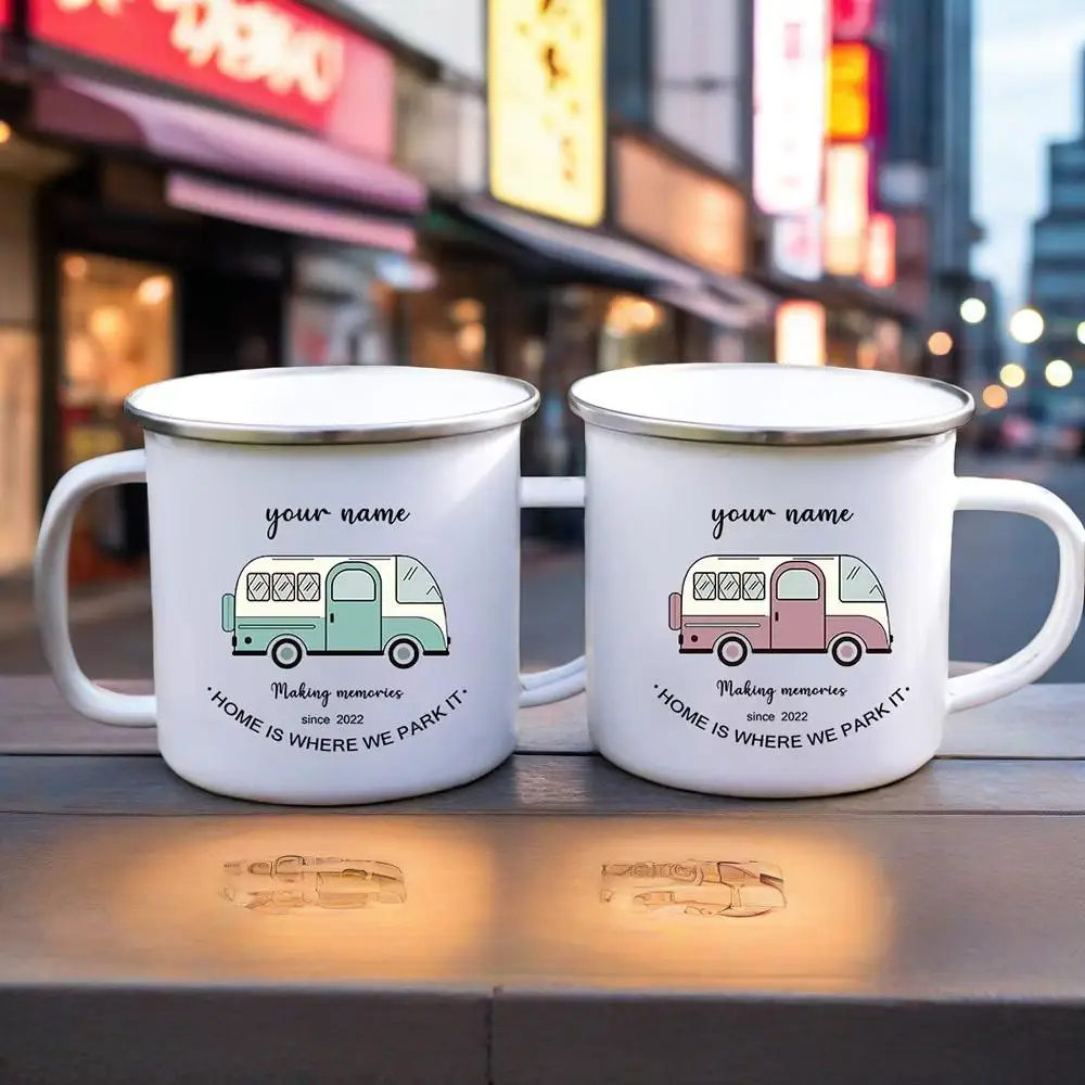 

Campervan Enamel Coffee Mugs Couple Travel Name Custom Cups His and Hers Retro Caravan Personalised Camper Van Gifts Present