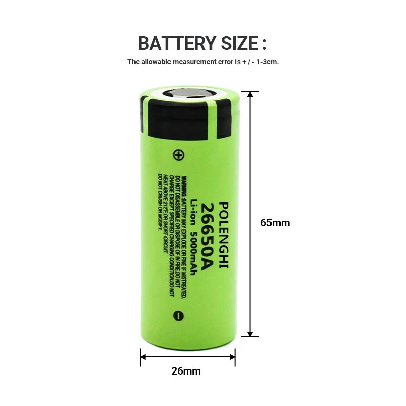 100% brand new true capacity 3.7V 26650A 5000mAh 26650 flat top lithium-ion rechargeable battery, flashlight battery