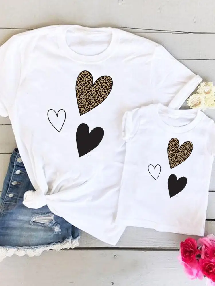 

Family Matching Outfits Leopard Love Heart Women Lovely Kid Child Summer Mom Mama Mother Tshirt Tee T-shirt Clothes Clothing