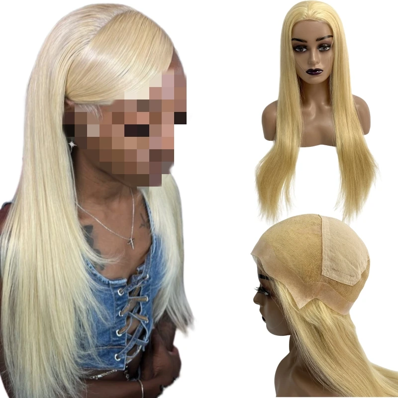 

22 inches Chinese Virgin Human Hair #613 Blonde Color Silky Straight 150% Density Full Lace with PU Around Wig for Woman