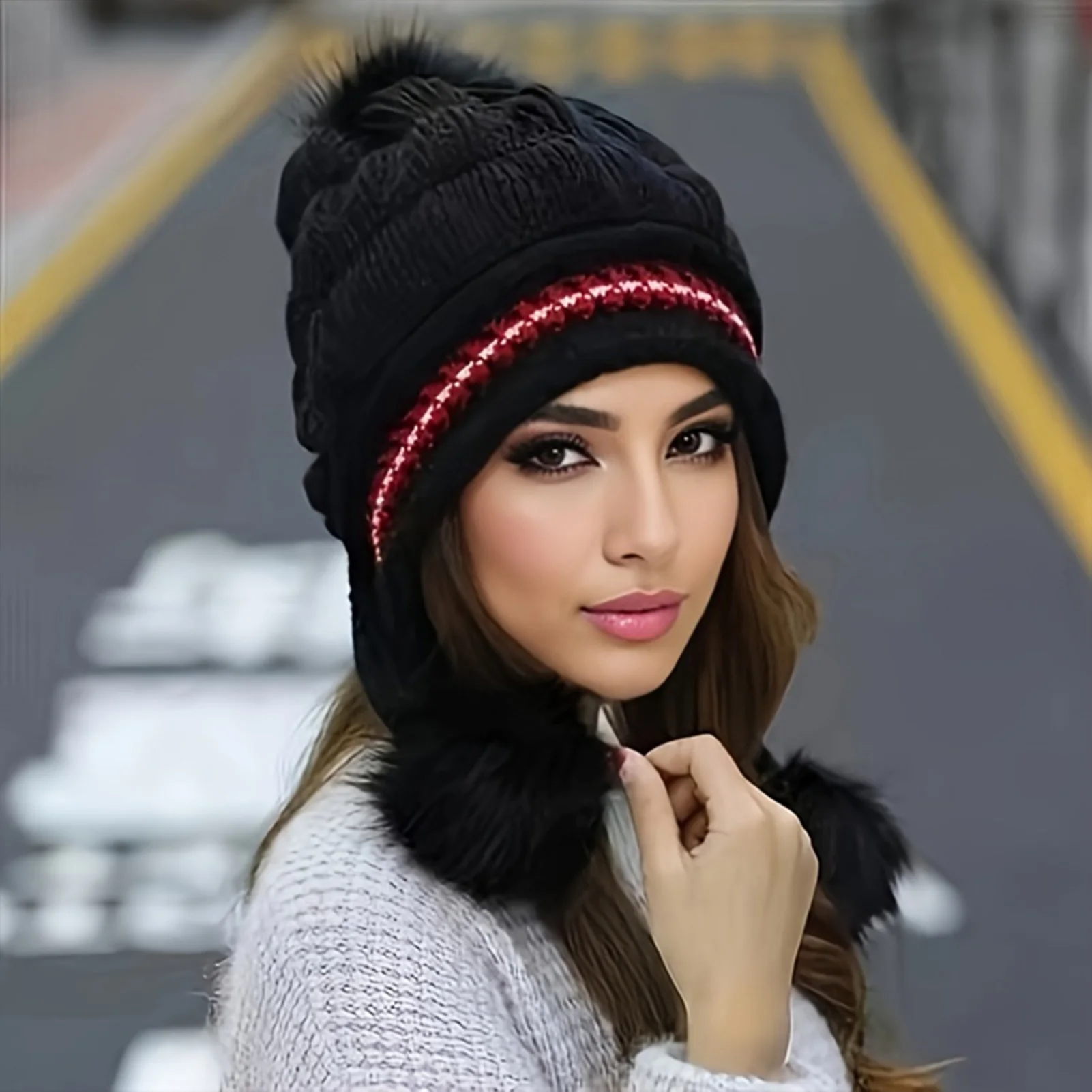 

Winter Cycling Hat Trendy Knitted Wool Ball Hat With Velvet For Women Outdoor Windproof Cycling Riding Camping Skiing Caps 2026