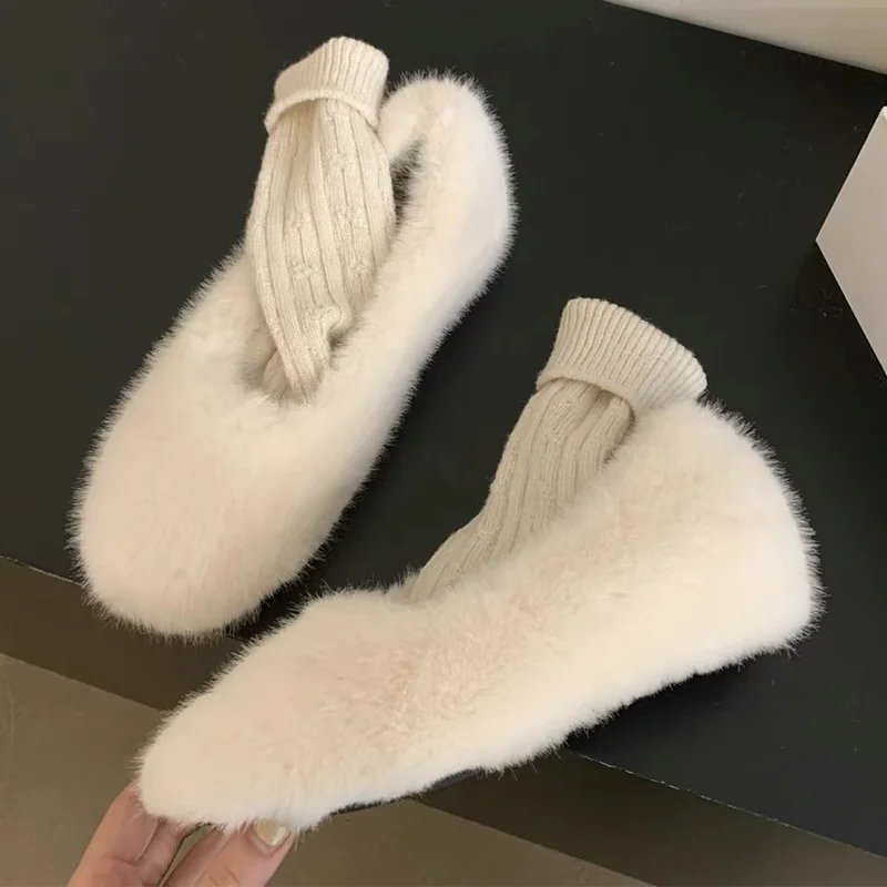 

High-end Furry Women Loafers Cotton Shoes Flats Short Plush Snow Boots Fad Warm Winter Boots Walking Comfort Shallow Woman Shoes