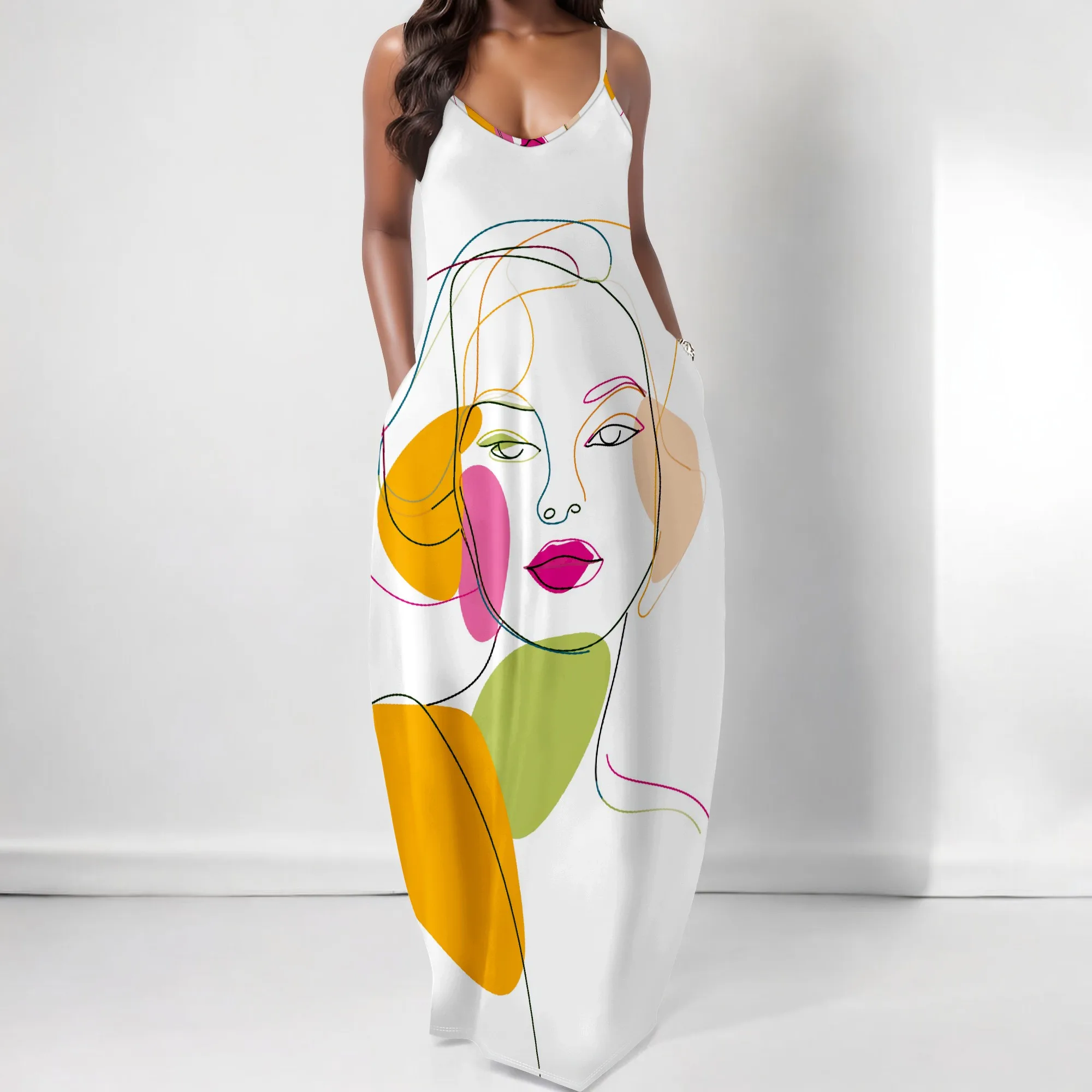 

Abstract Art Print Women's Summer Cami Maxi Dress V-Neck Spaghetti Strap with Pockets Mother's Day Gift for Her XS-3XL