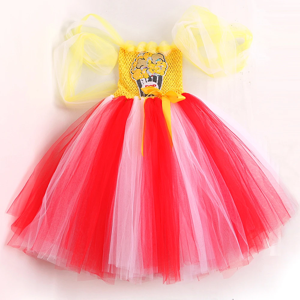 Red Yellow Popcorn Long Dresses for Girls Birthday Party Halloween Costumes Kids Christmas Tutus Performance Outfit with Big Bow