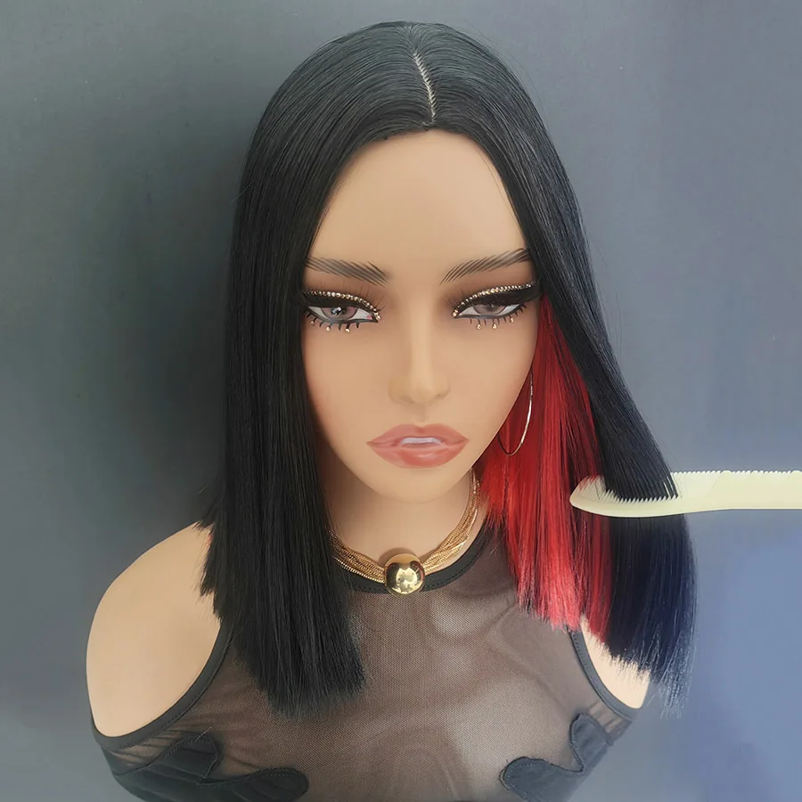 Ombre Red Short Bob Pink Non-Lace Front Synthetic Hair Wig Straight Pre Plucked Part Use For Black Women