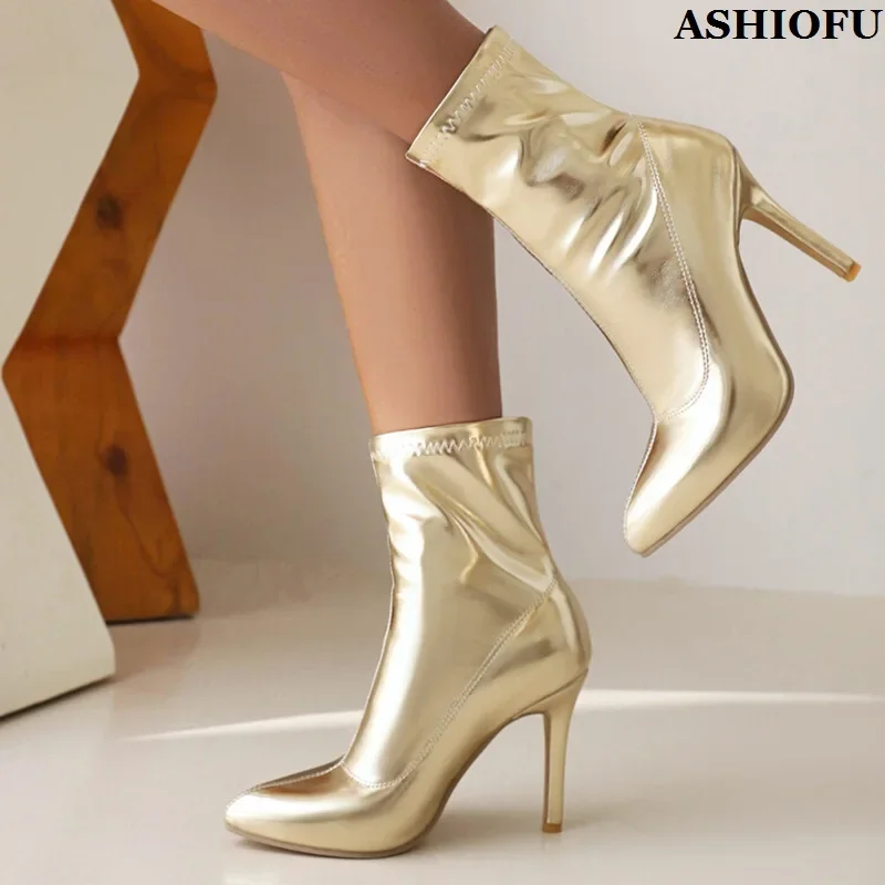 ASHIOFU New Stock Sale Women's High Heels Boots Gold&Silver Pointed-toe Large Size 34-47 Ankle Booty Evening Fashion Prom Shoes