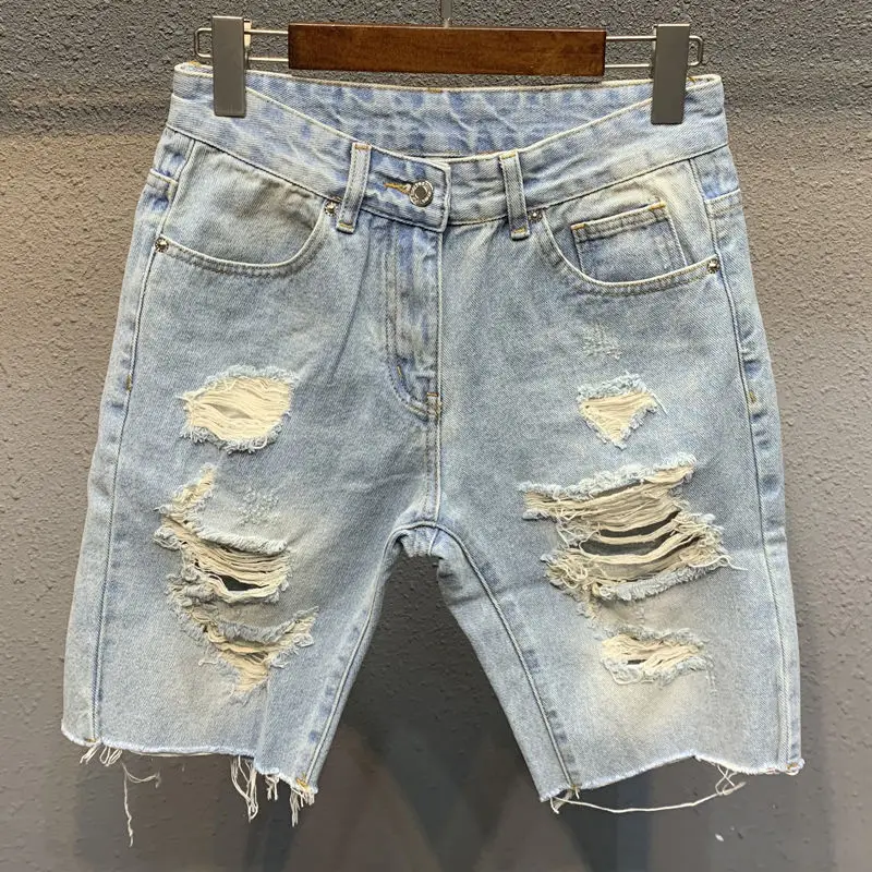 Ripped Denim Shorts Men's Light-colored Five-point Pants Trendy Distressed Men's Loose Burrs Medium Pants Beggar Pants Summer