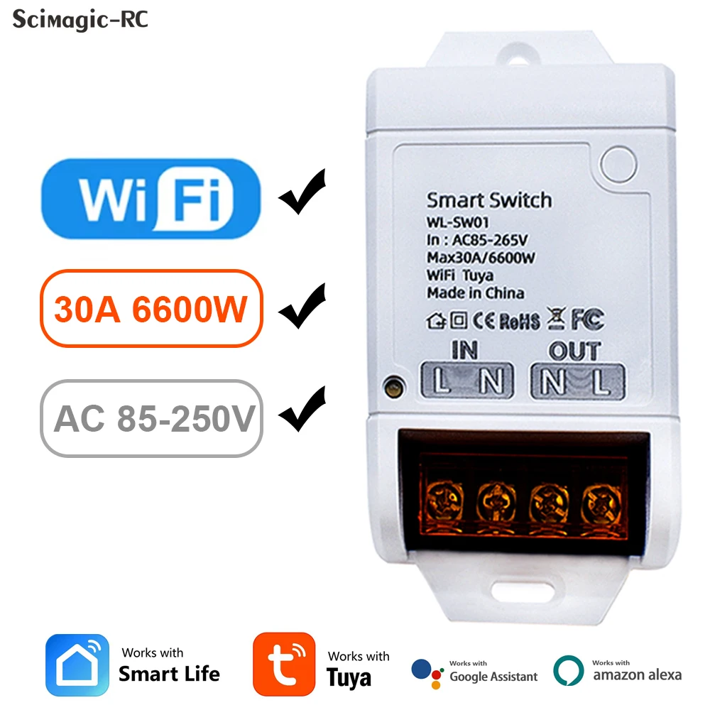 

30A 6600W Tuya Remote Control Wifi Smart Switch 20A Relay Module 85-250V 220V Controller SmartLife Alexa Google Home Automation