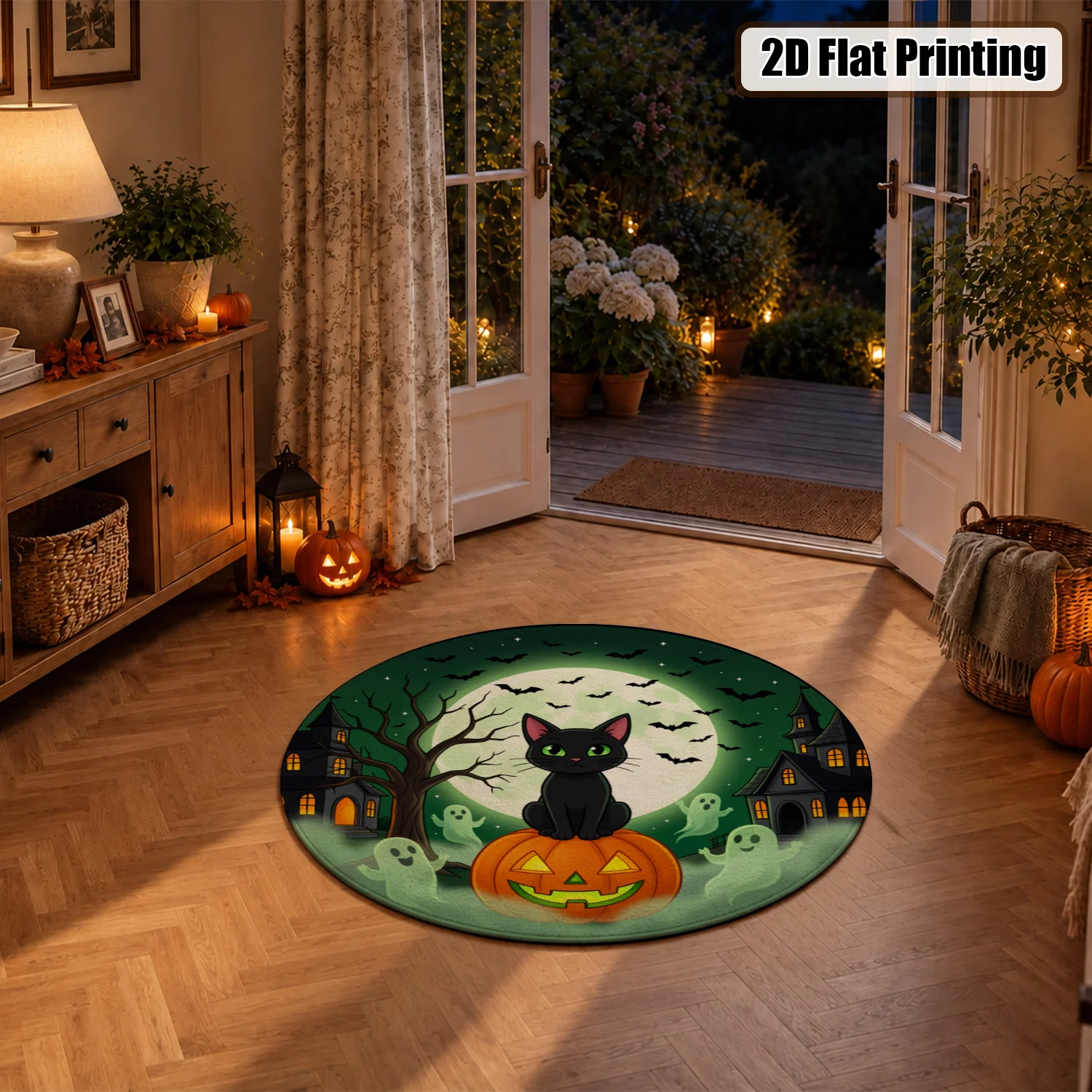 Halloween Black Cat Pumpkin Ghost Bat Print Circular Velvet Rug, Soft Machine Washable Durable Floor Mat for Living Room Bedroom Entryway, Festive Decor for Halloween Thanksgiving Christmas New Year, Ideal for Black Friday Cyber Monday