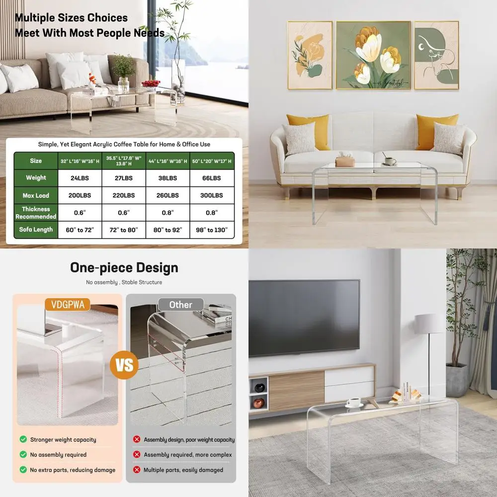 32 Clear Acrylic Coffee Table, Living Room or Rec Room, Supports 200 lbs, 32x16x16 inches, 0.6 Thick, 2-Seat Sofa