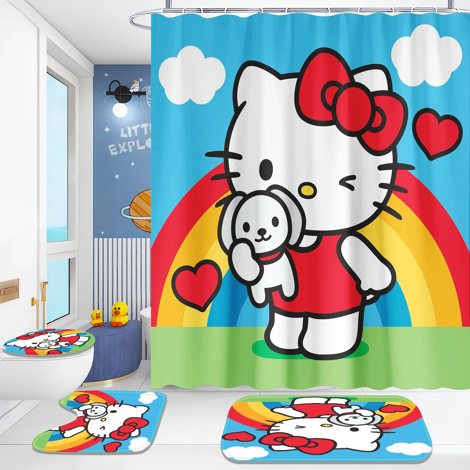 

Hello Kitty Аксессуары для ванной комнаты, занавеска для душа, роскошный набор из 4 предметов, коврики и ванная, водонепроницаемые, аниме, домашний декор