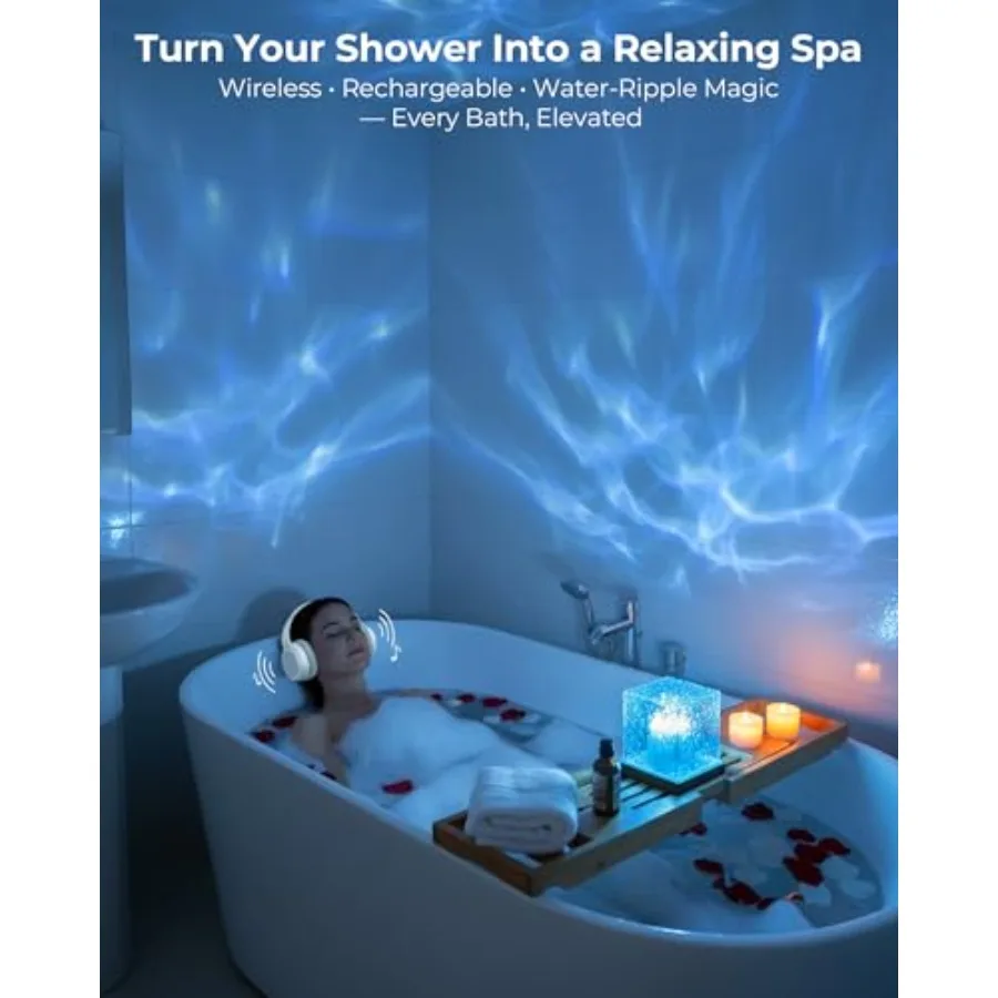 Rechargeable Shower Light Cube, 16 Color Ocean Wave Projector Light Battery Operated, Waterproof Shower Mood Lighting with Remo