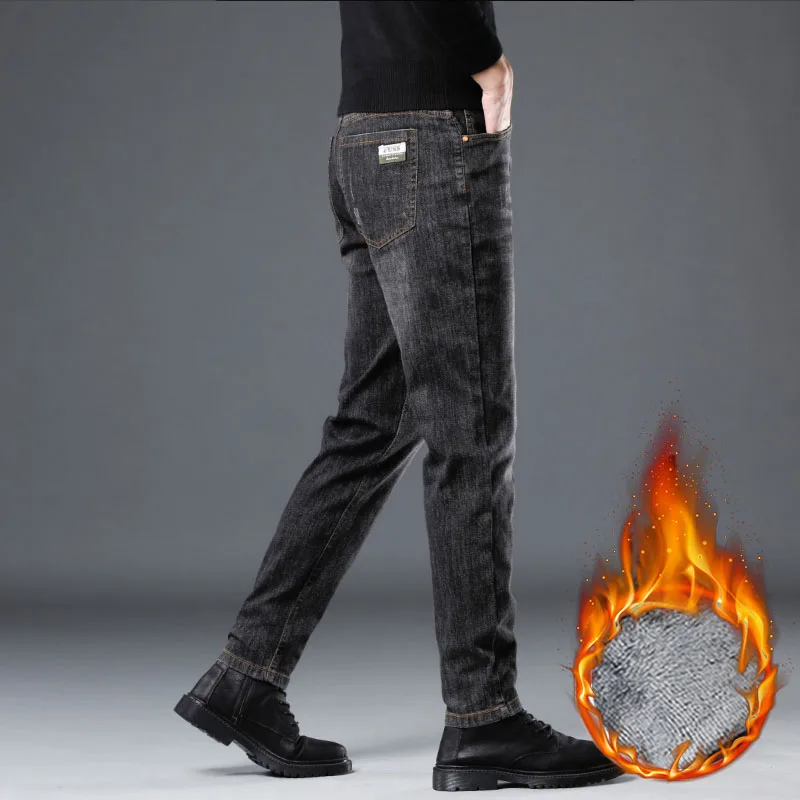 Herren Winter Business Slim Fit Fleece Jeans Dicke warme weiche Hose Casual Business Vielseitige verschleißfeste Plüsch-Samthose