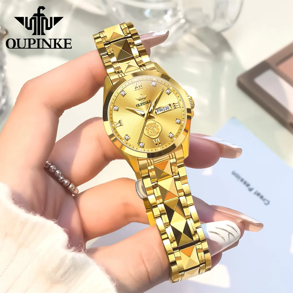 OUPINKE 3305 Women Genuine Gold Diamond Watch Imported Mechanical Watch Luxury Golden Fortune Bag Watch Tungsten Steel Women Set