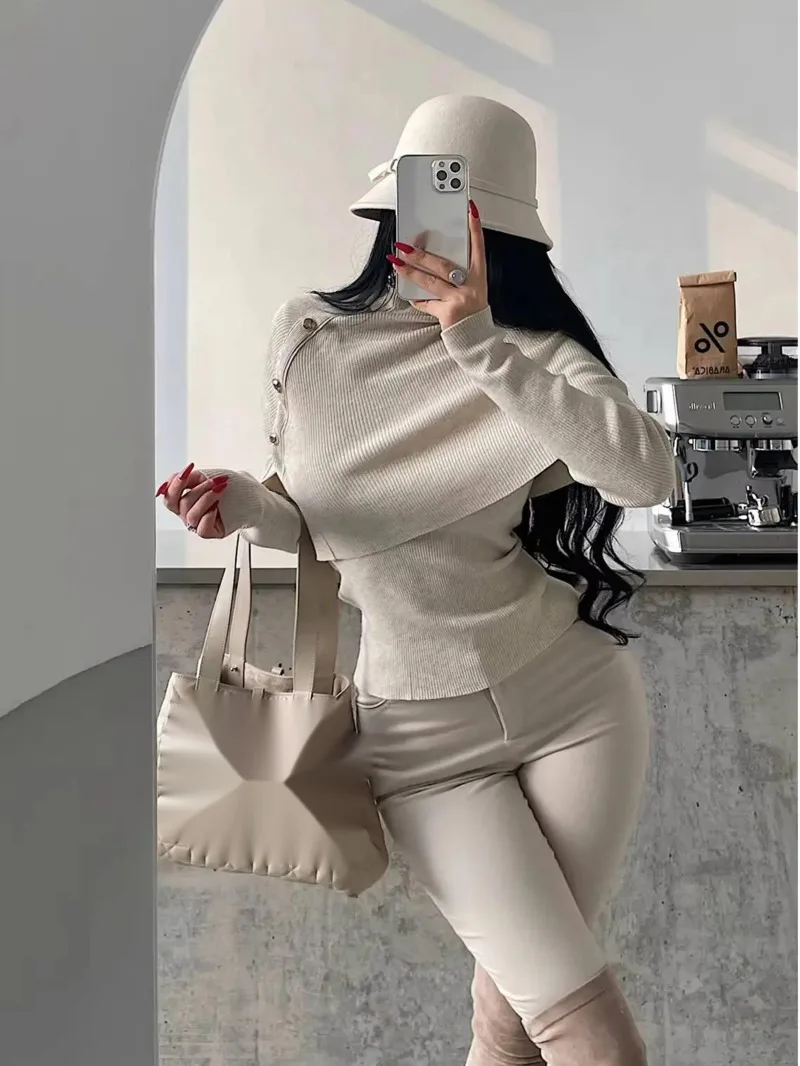 

Женский модный свитер-накидка с высоким воротником, металлическим узором, длинными рукавами, базовый трикотажный топ, новинка 2025 года, модель NT1P