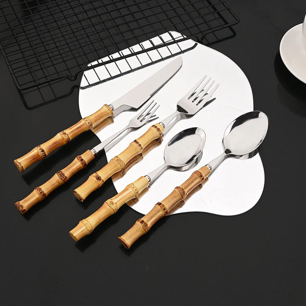 5Pcs Creative Home Bamboo Handle Dinnerware Cutlery Set Stainless Steel Tableware Steak Knives Fork Spoon Flatware Set For Home view 4