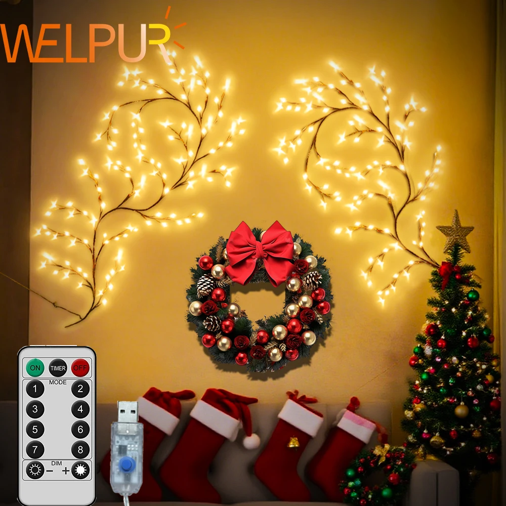 

Светодиодные настенные светильники из ивы и лозы с питанием от USB, 185 см, освещение ветвей, идеально подходящее для рождественского камина,antel или праздничного настенного акцентного декора