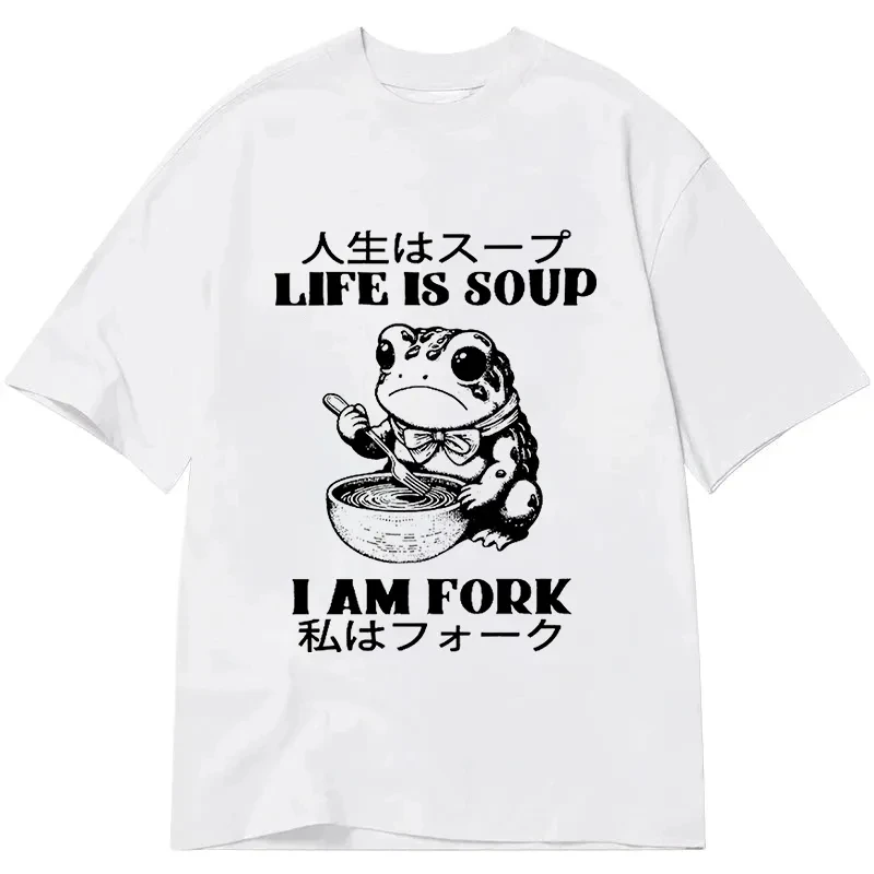 夏新作 Tokyocanvas Life Is Soup I Am Fork クラシック グラフィック プリント コットン カジュアル クルーネック レディース コットン クールで通気性のあるトップス