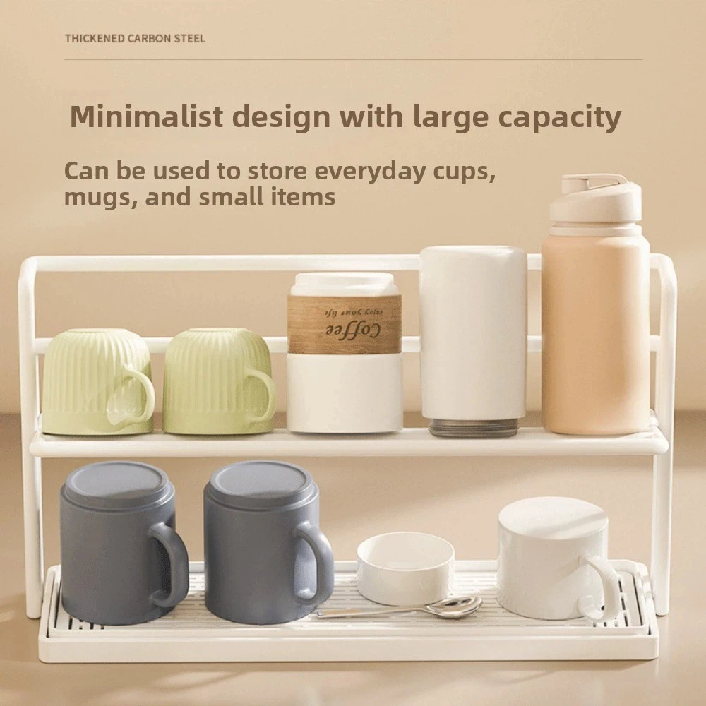 

Двухслойная 2-слойная полка для хранения чашек из углеродистой стали, большая вместительная сливная полка для чашек с поддоном для капель, стеллаж для хранения раковины