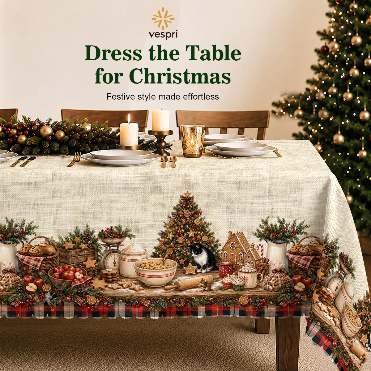 Woodland Tablecloth with Sleigh, Deer, Trees & Snowman for Indoor/Outdoor Camping decor, Rectangular/Round/Oval