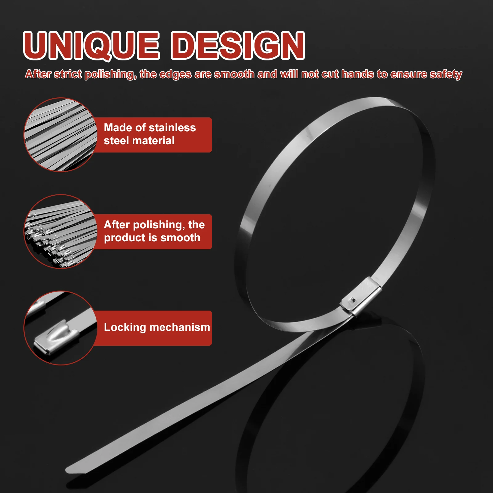 180Pcs Stainless Steel Cable Ties Heavy Duty Heat Proof Reusable Metal Zip Ties Self Locking Fastening Rings for Outdoor Fixed