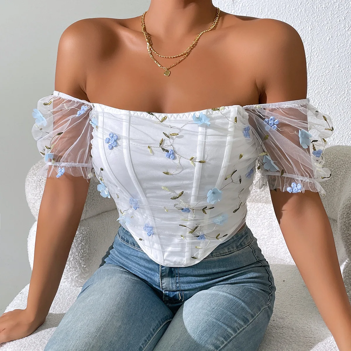 

Square Neck Gauze Bubble Sleeves Tops Women French T-shirt Tank Top Short Sleeve Backless Corset Fashion Casual Slim Camis Vest