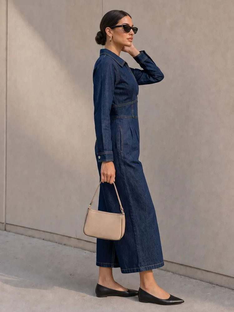 UOOZEE Women Denim Lapel Jumpsuit Long Sleeve Front Zipper High Waist Pleated Wide Leg Cropped Jeans Romper Elegant Daily Outfit