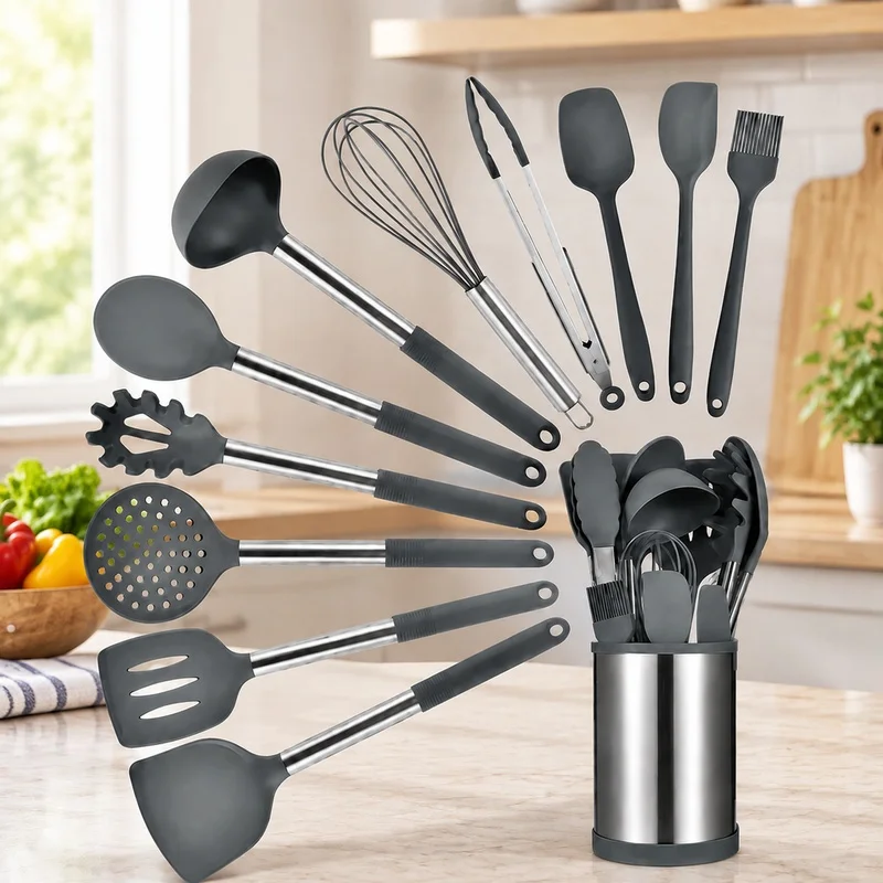 Heat-Resistant Silicone Cooking Utensils Set with Rotatable 360° Stand - 12 Essential Kitchen Tools Including Spatulas and