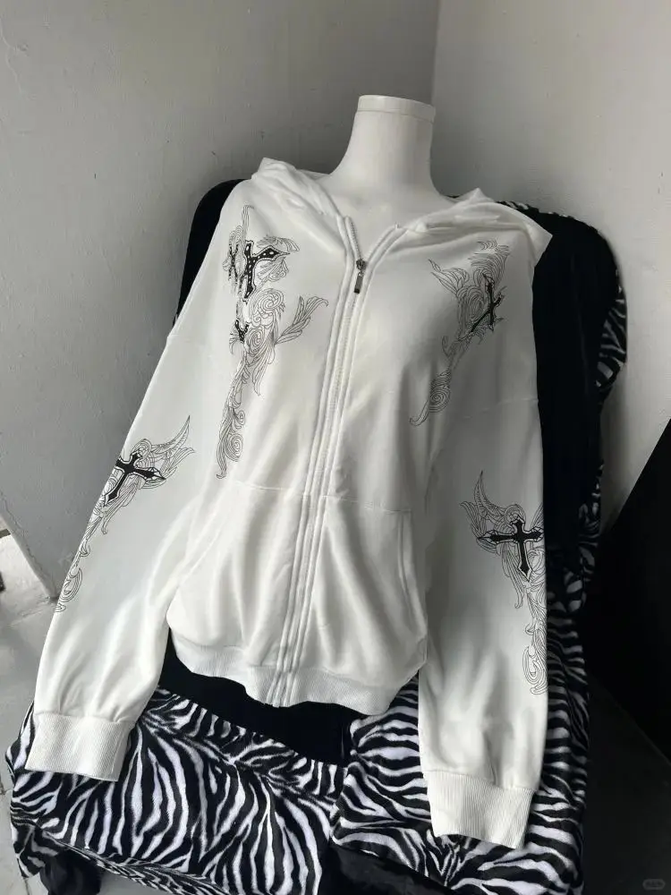 ثقافة فرعية Y2k الألفية خمر بلوزات النساء الأبيض الصليب طباعة مقنعين سترة الخريف عادية القوطية فضفاض زيبرب القمم جديد