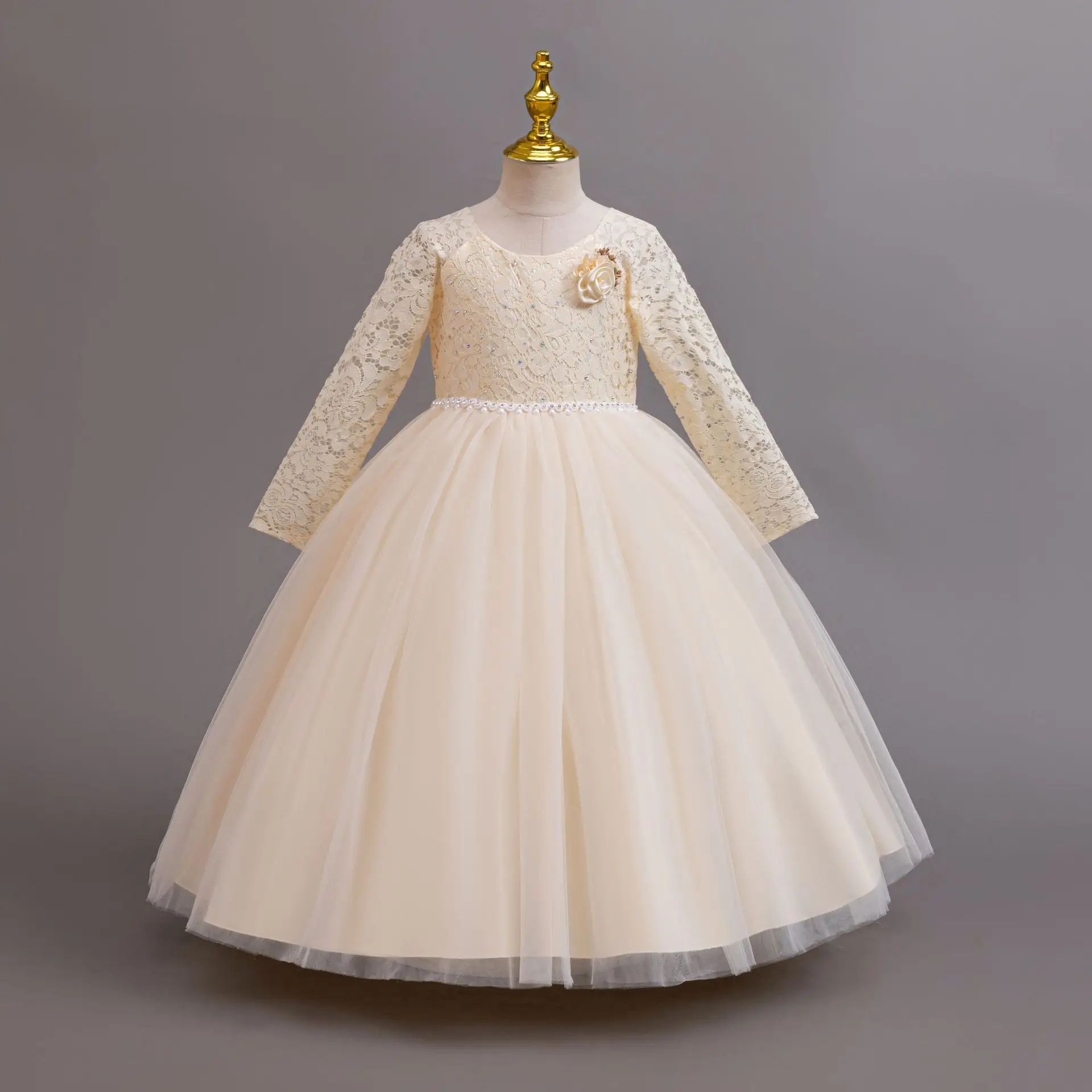 

Princess Dress for Young Girls Long Sleeve White Formal Lace Flower Party Holiday Costume 4 to 12 Years Kids