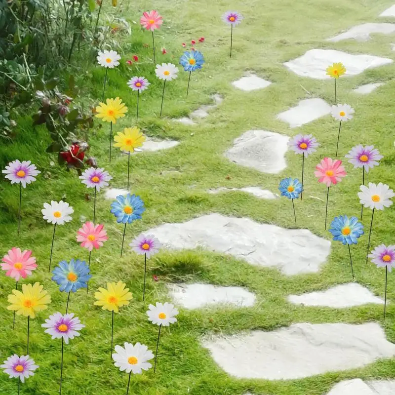 Flower Garden Stake Decor Metal Daisy Flower Stick Outdoor Floral Picks Colorful Flower Yard Art Pathway Garden Fairy Decor