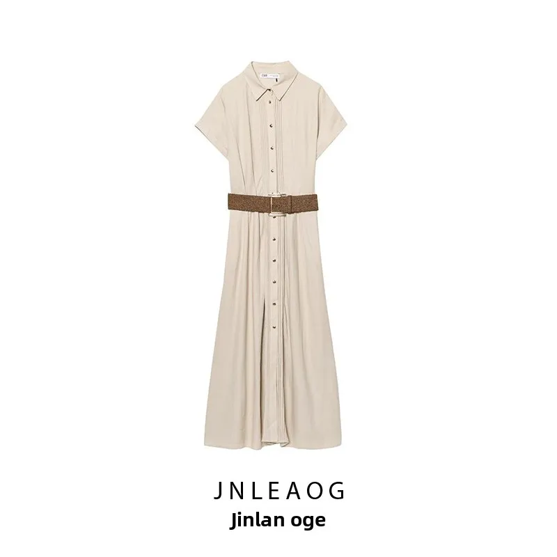 JNLEAOG Vestido Midi de Lino para Mujer, Nuevo Modelo de Otoño, Estilo Casual, Color Puro, Cintura Ajustada, Vestido Csero...