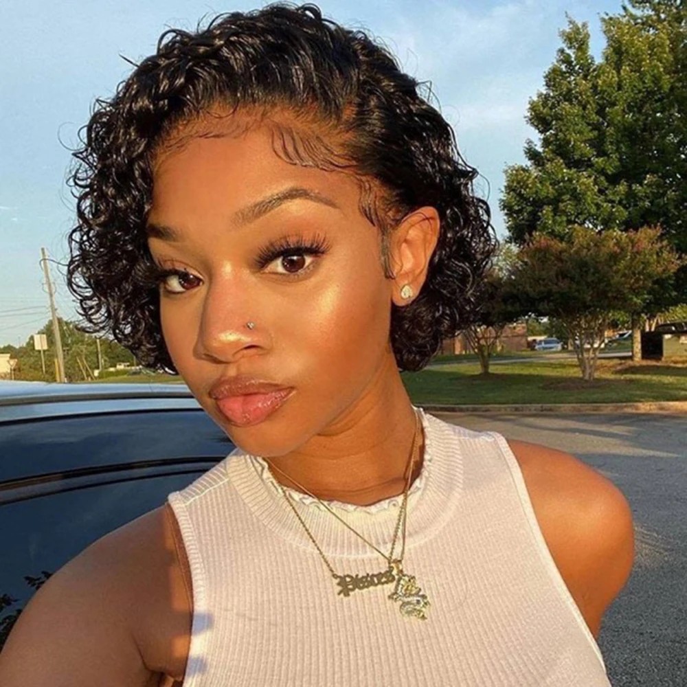 250% Short Curly Bob Lace Front Human Hair Wigs Transparent Short Pixie Cut Wigs Preplucked Hairline Wholesale For Black Women