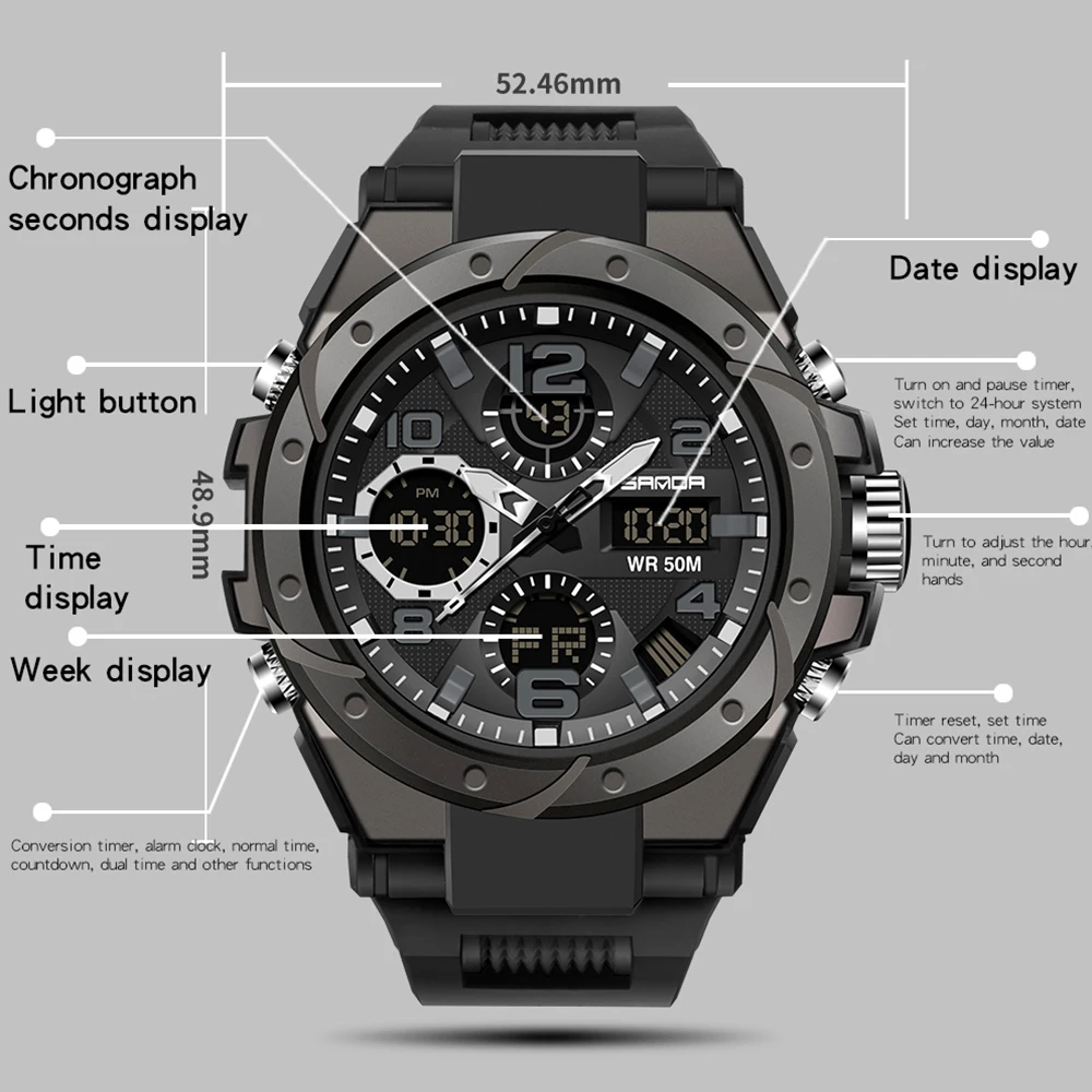 SANDA 6008 Waterproof Swimming Military Watch Men Sports Watches Dual Display Analog Digital LED Electronic Quartz Wristwatches