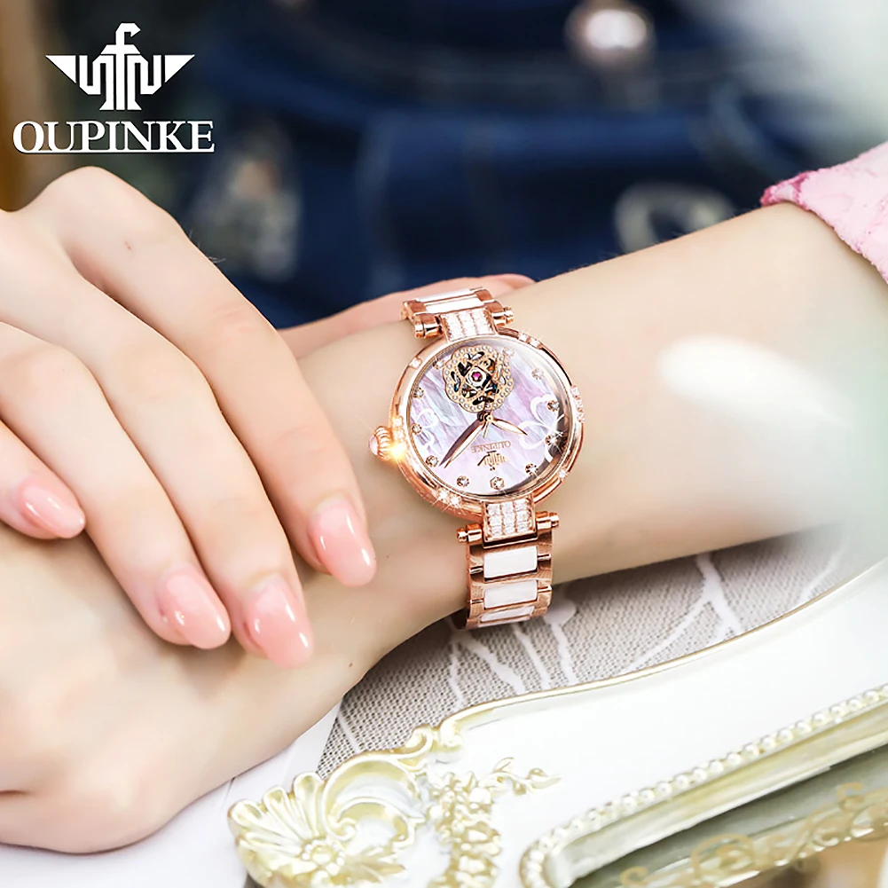 OUPINKE 3183 Women's Watch Original Hollow Automatic Mechanical Watch For Women Luxury Ceramic Steel Strap Ladies Wristwatch