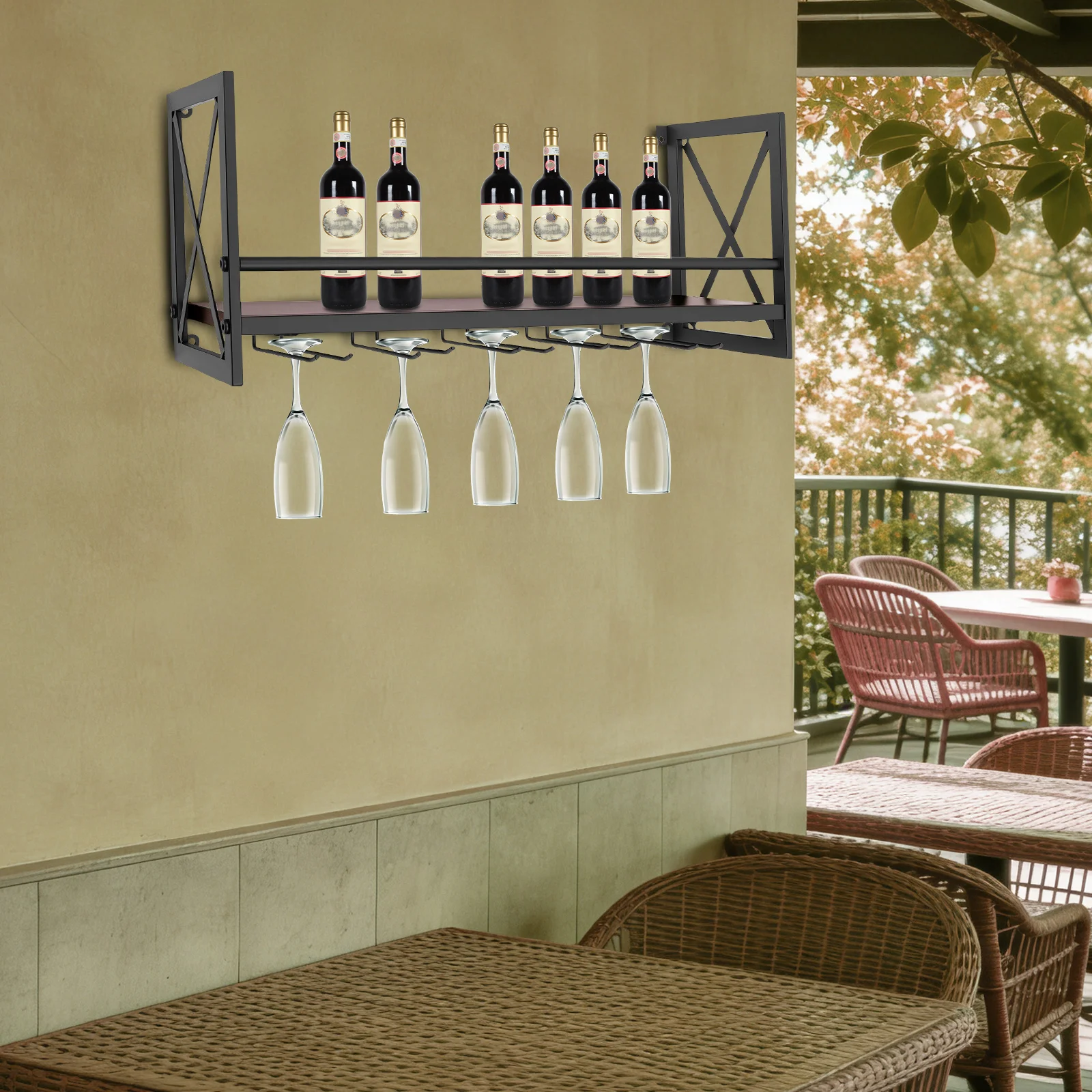 Suporte de Vinho Montado na Parede, Suporte de Garrafa de Vinho em Aço Industrial com Prateleira para Copos, Prateleira de Parede que Economiza Espaço para Cozinha, Bar e Decoração de Casa