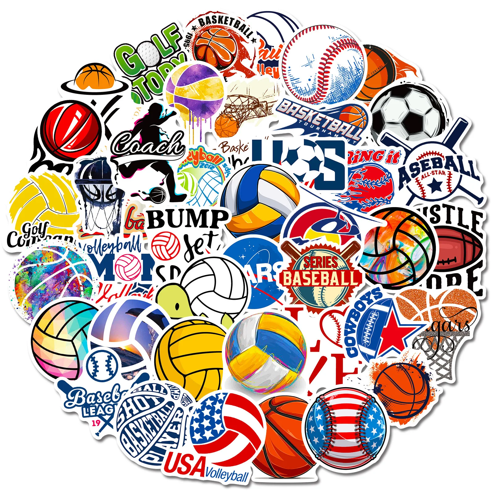 50pcs Sports Stickers, Soccer Football Volleyball Golf Basketball Stickers, Waterproof Stickers for Skateboard Water Bottle