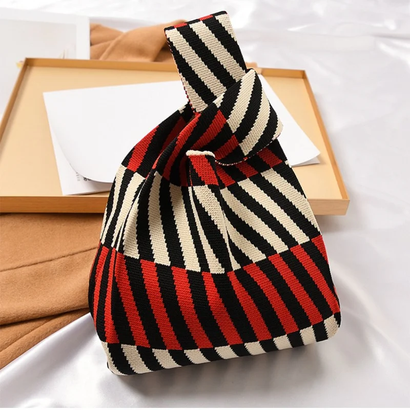 2023 New Striped Knitting Bag Niche Design Handbag Retro Wrist Bag Walking And Shopping Lazy Vest Shoulder Bag Key Pouch