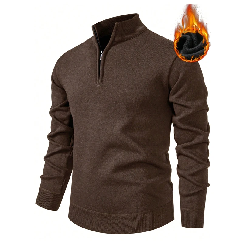 Mens Soft Sweater Pullover Half Zip Knitwear High Neck Zipper Pullovers Brown Casual Sweater Clothes for Men