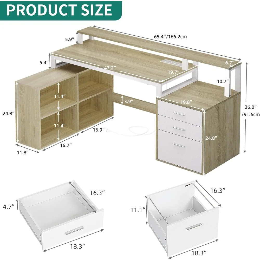 L Shaped Desk with 3 Drawers, 65