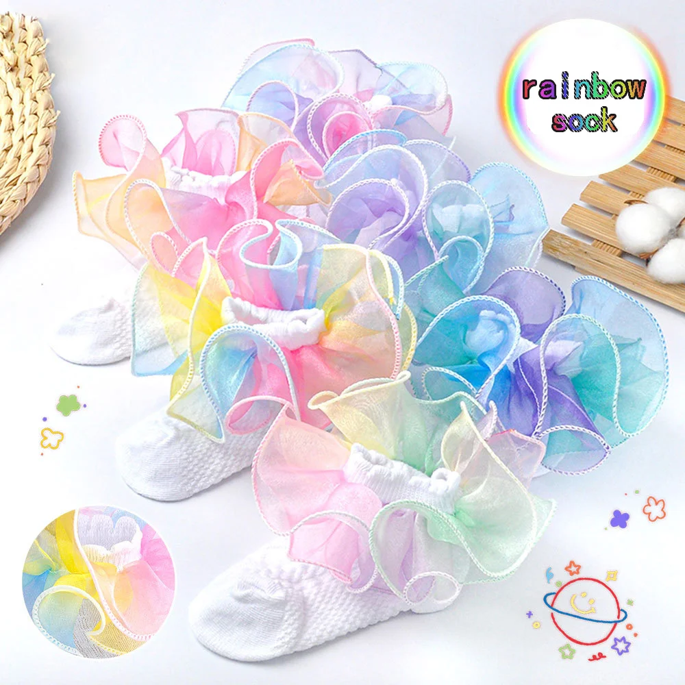 Baby Girls Kids Socks Dancing Rainbow Lace Ruffle Princess Mesh Children Ankle Short Breathable Cotton Toddler Cute Sock 1-10Y