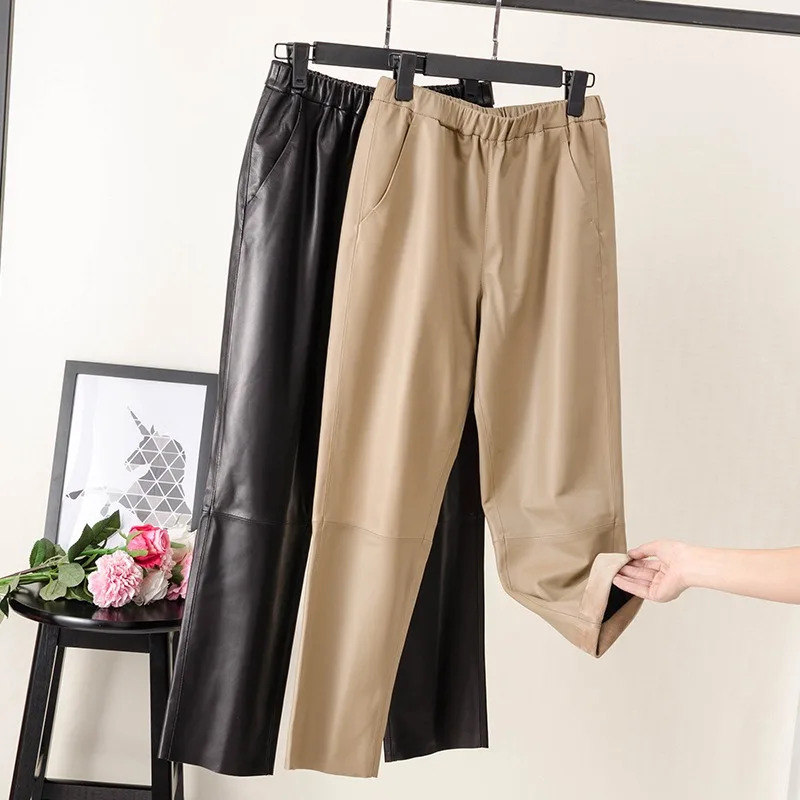 AW New High-end Nine-point Black Straight Pants Women\'s Genuine Leather 100% Sheepskin Casual Pants Urban Elegance Commuting
