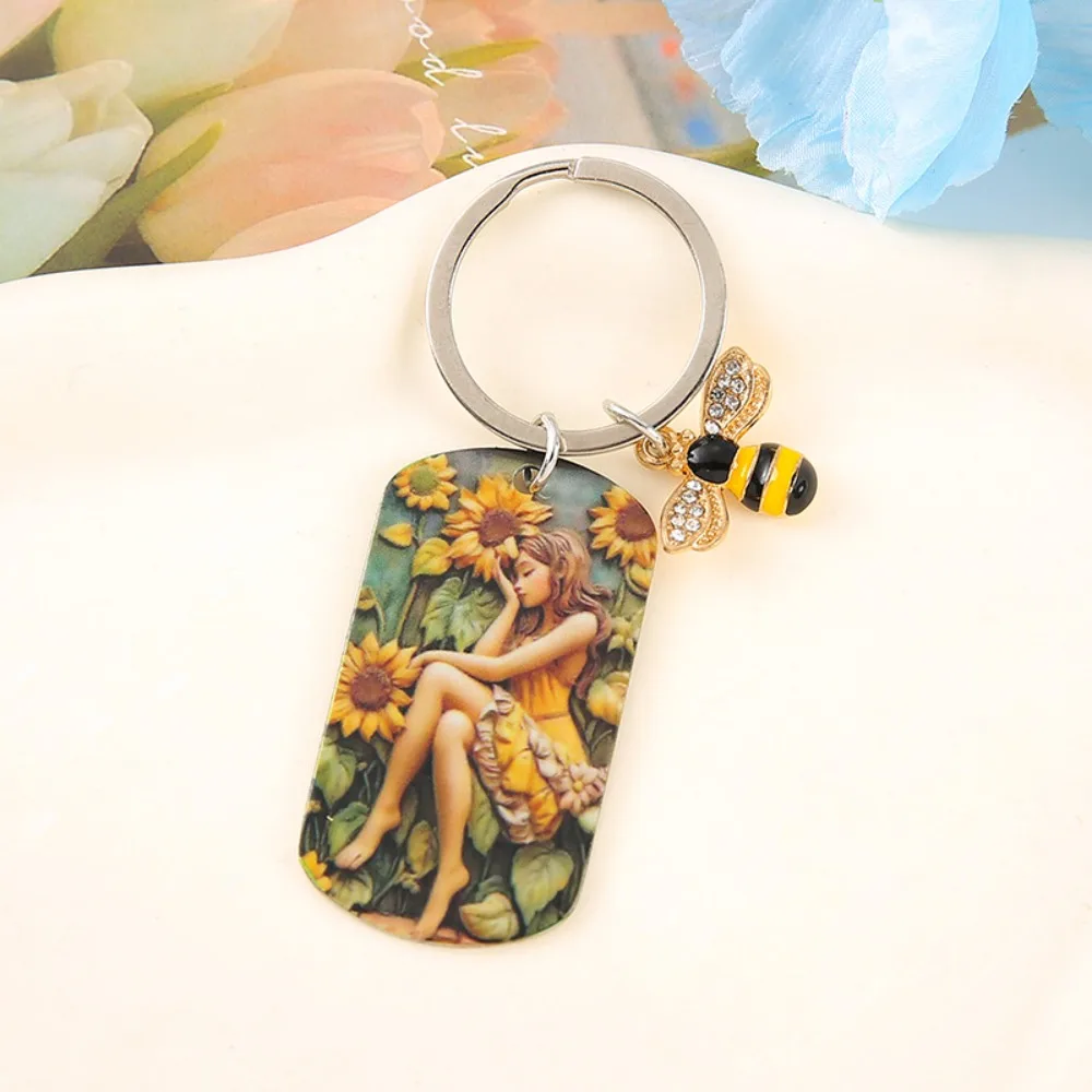 Sunflower Girl Stainless Steel Keychain Born in The Sun Oil Painting Girl Bag Decorations Stainless Steel Metal Bag Pendant Men